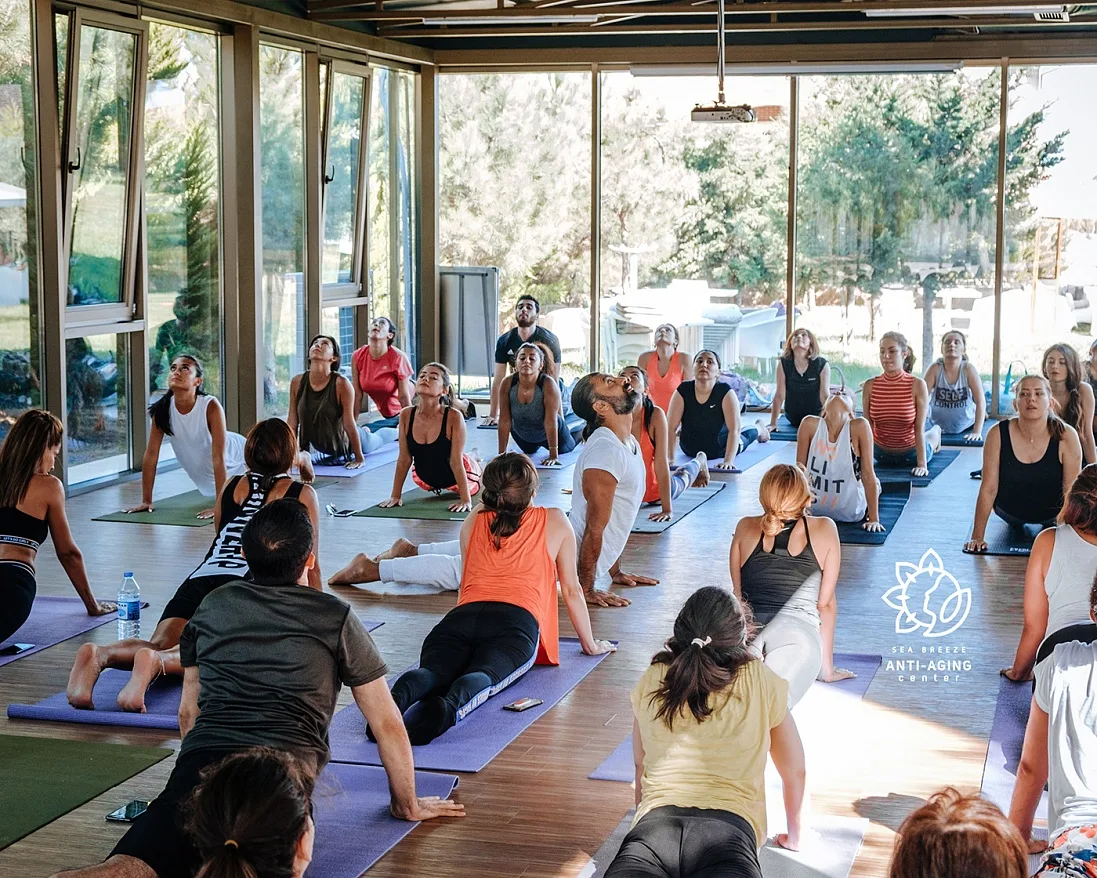 A group yoga class in a glass pavilion